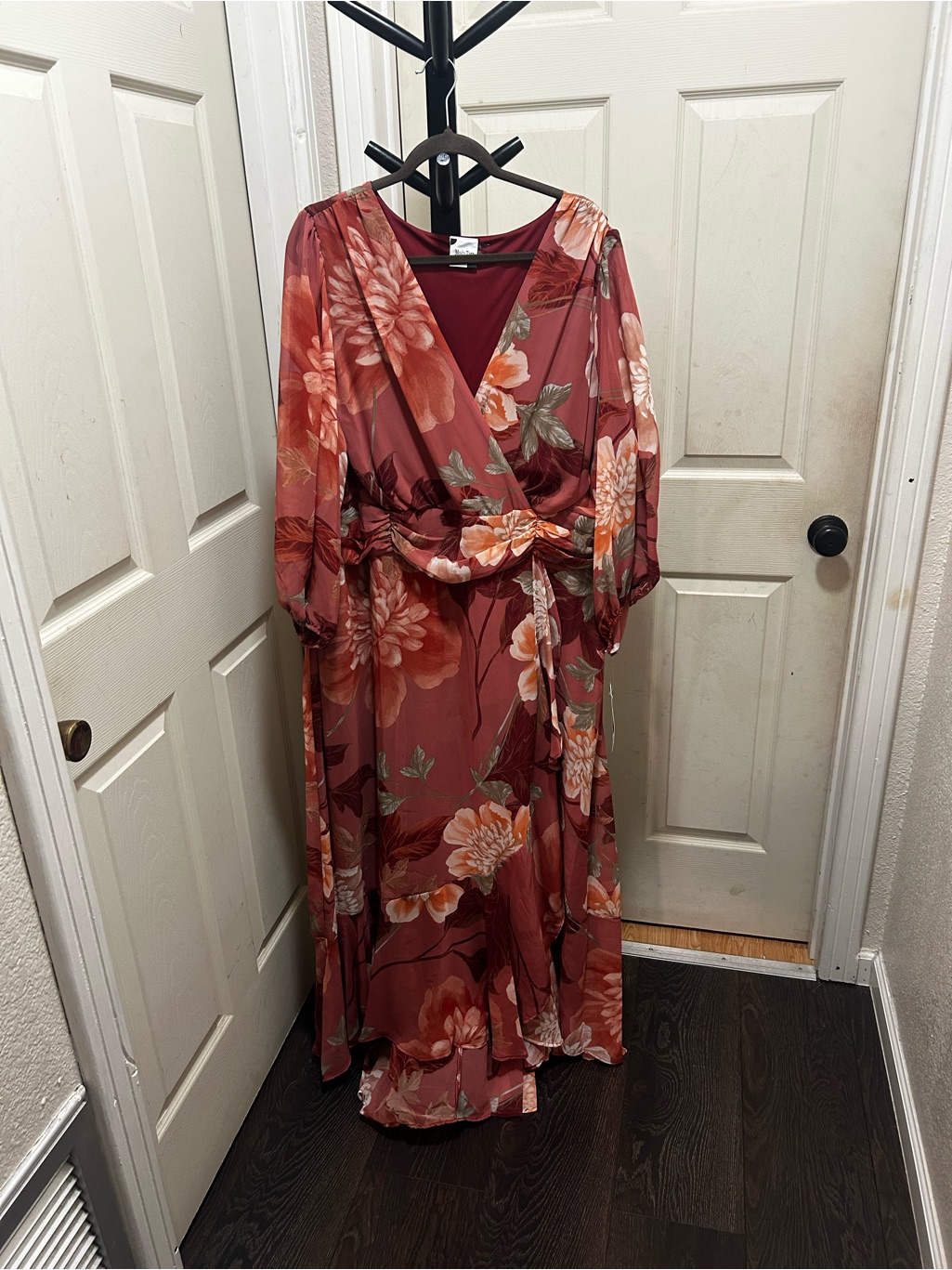 Moda Tara Chiffon 3/4 Sleeve Ruffle Floral Print V-Neck Wrap Maxi Dress.